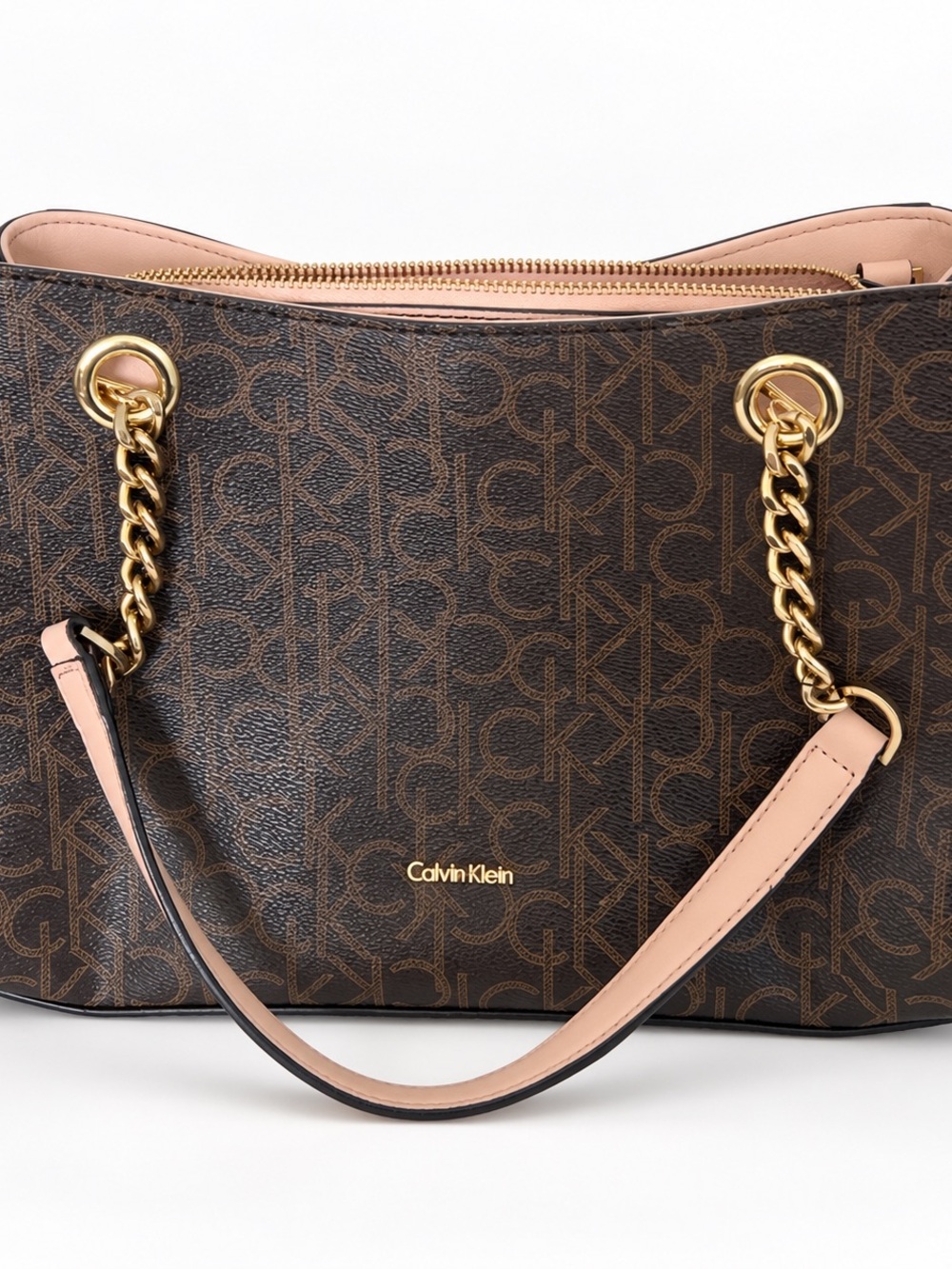 Calvin Klein Brown Monogram Shoulder Tote with Blush Trim and Gold Chain